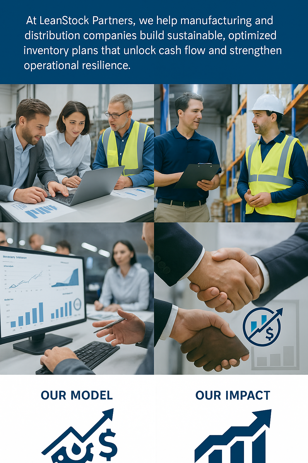A collage of images showing business professionals discussing logistics in a warehouse, analyzing charts and graphs on computer screens, and shaking hands, with text highlighting the company's model and impact on supply chain optimization and financial growth.