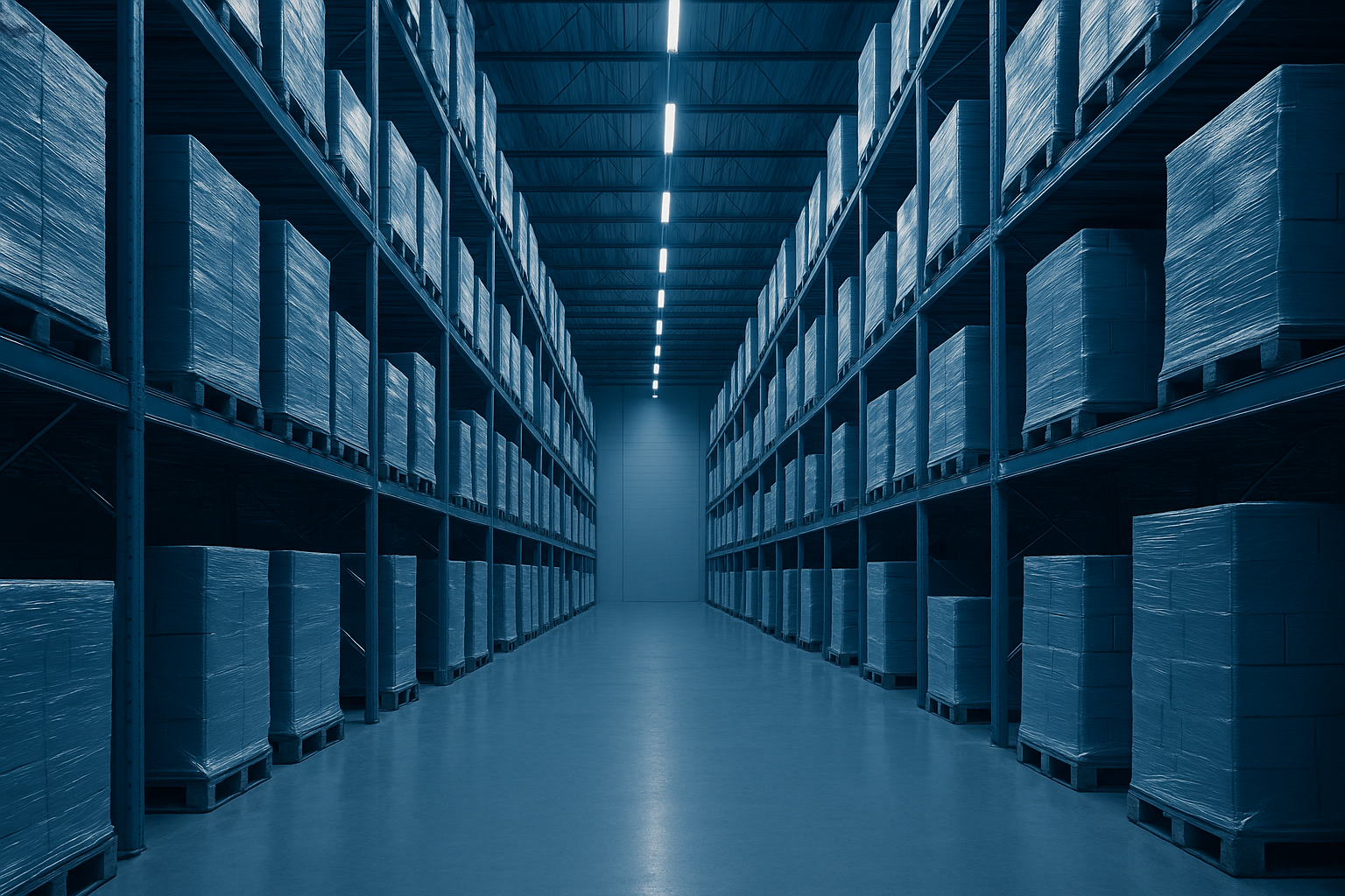 An empty warehouse aisle with tall metal shelves filled with pallets wrapped in plastic, illuminated by overhead fluorescent lights. Shows inventory optimized and clean.