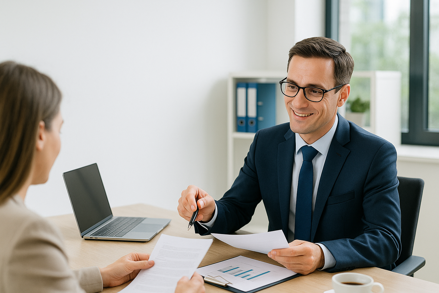 Business meeting between man and woman in office, discussing documents with a laptop and coffee on the desk. Consulting meeting about cash flow improvement, inventory reduction, process optimization.