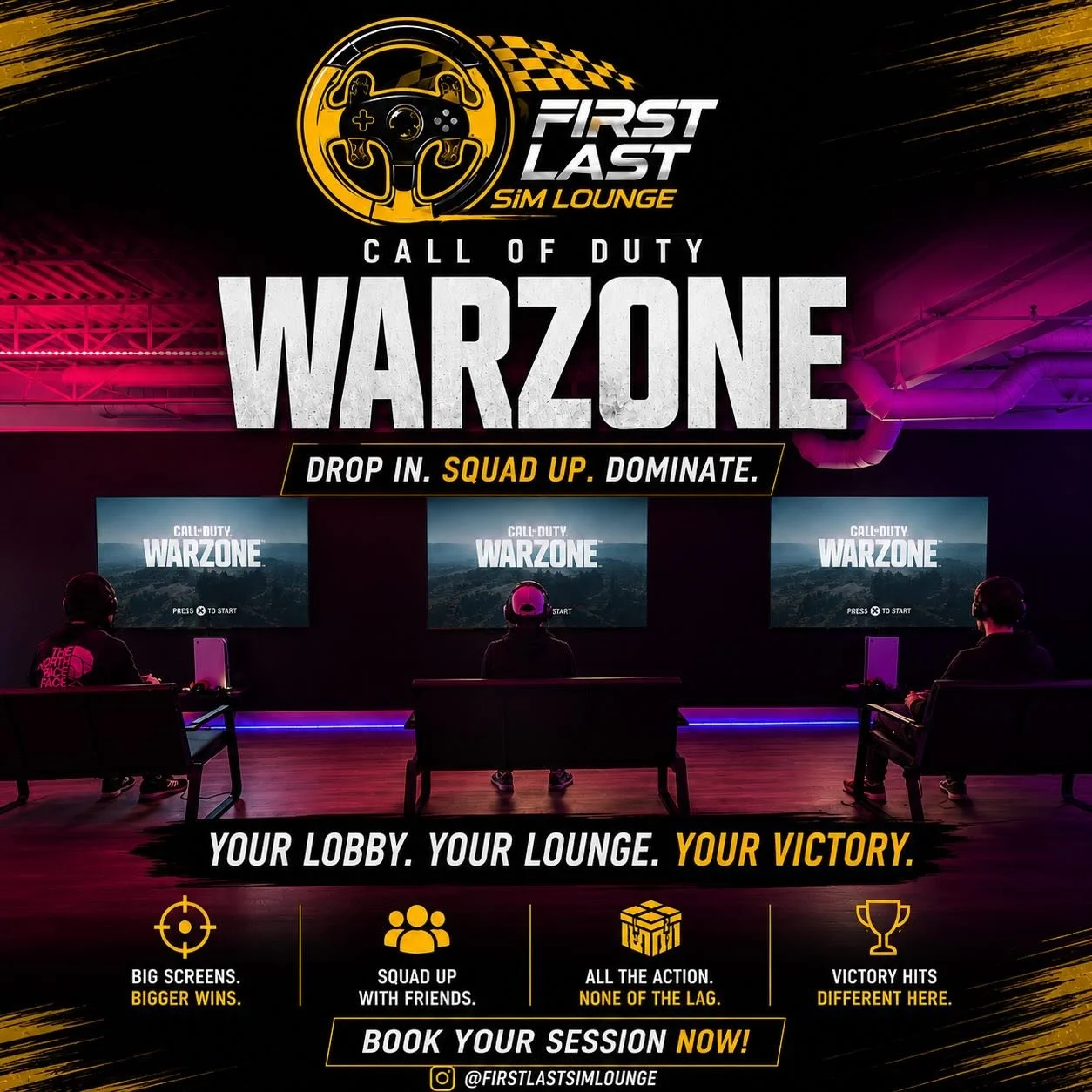 🎮 Play more together at First Last Sim Lounge!
Enjoy Call of Duty and more games, plus Nintendo Switch Mario games and more with your friends on big screens.
Book your session now! 🔥
