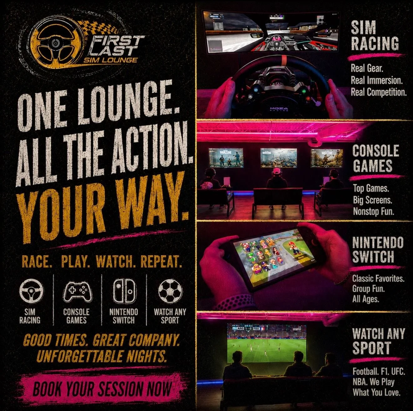 While everyone else is sitting at home &mdash; your crew could be here. 👀

✅ Pro sim racing rigs

✅ Console gaming on huge screens

✅ Nintendo Switch for the whole group

✅ Watch ANY sport, any night

One lounge. All the action. Your way.

Spots fil
