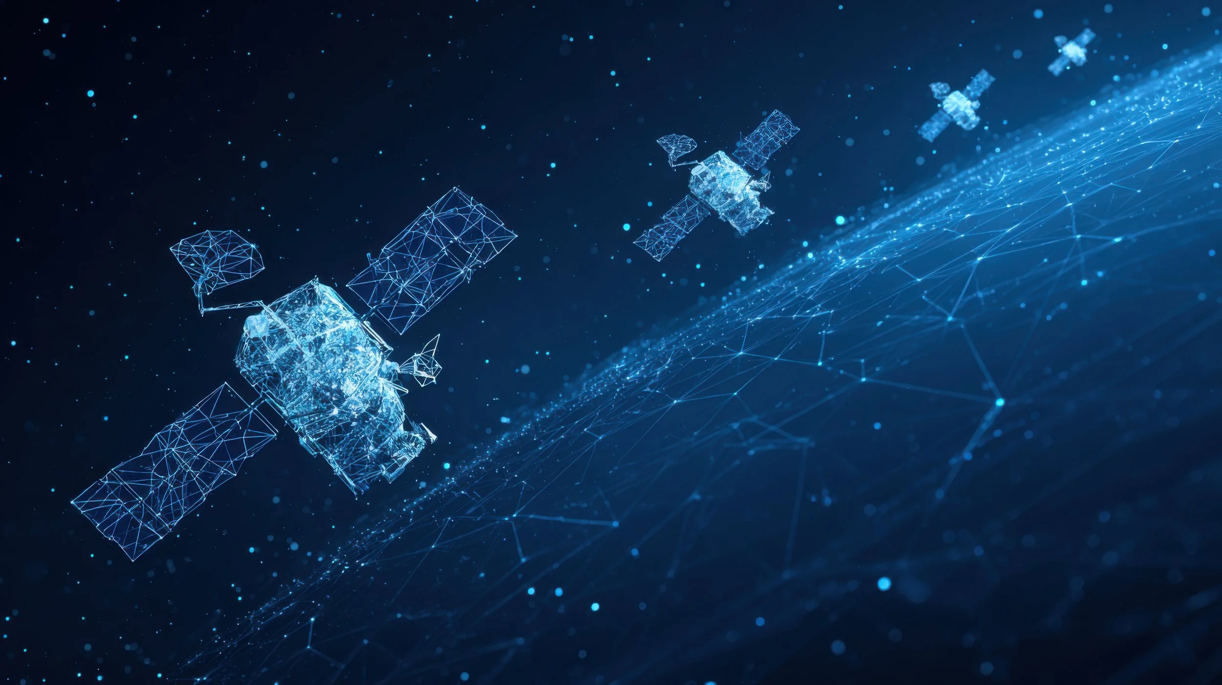 Digital rendering of three satellite models in orbit with Earth below, composed of glowing blue wireframe structures against a starry background.
