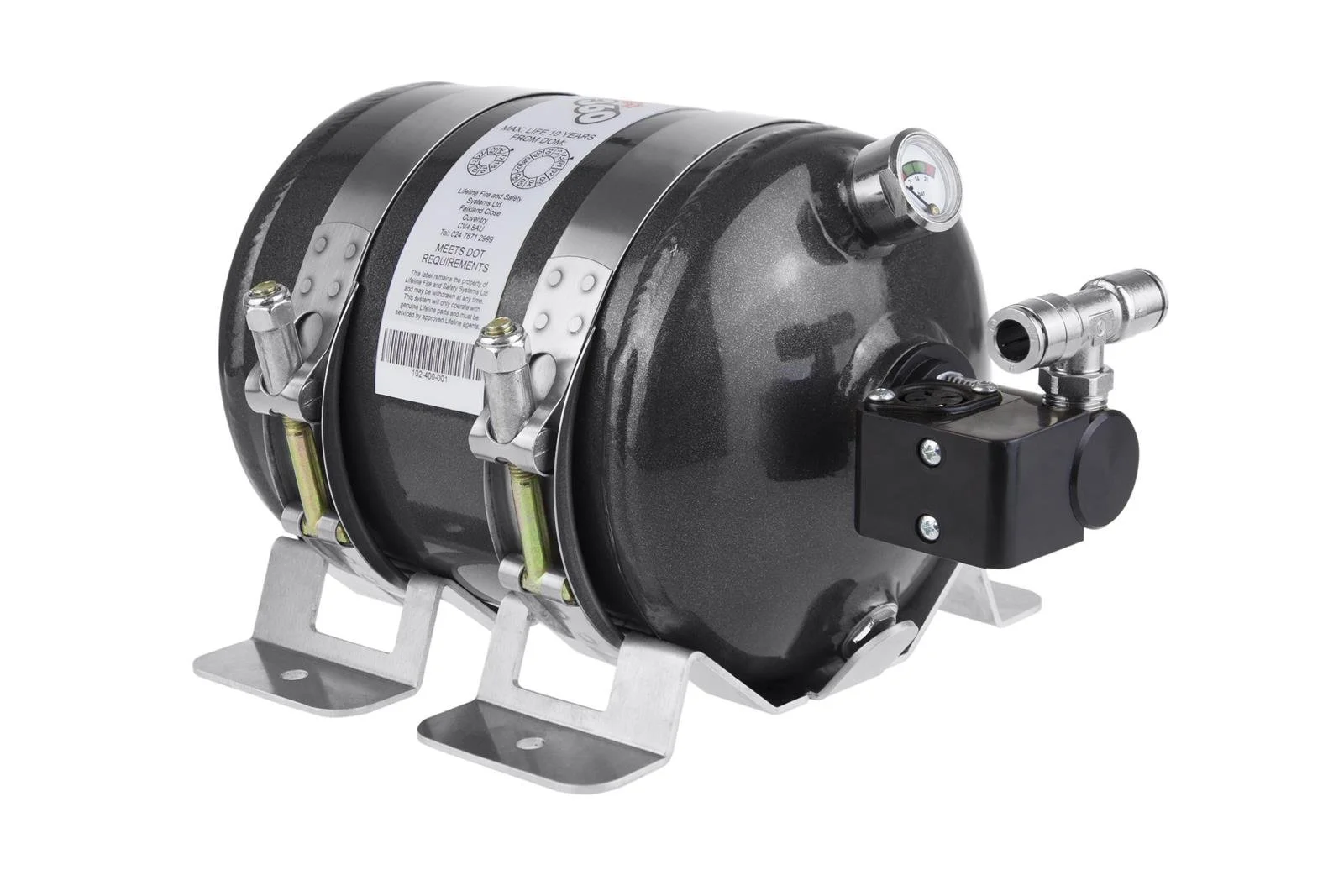 A black compressor with metal fittings, a pressure gauge, and a white label with text, mounted on a metal stand.