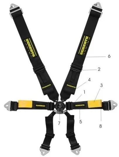 A five-point harness with black straps and yellow labels, featuring metal buckles and a central circular adjustment mechanism.
