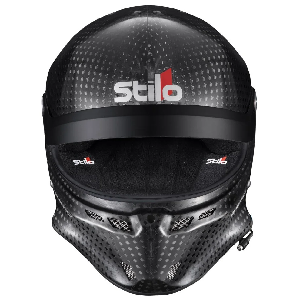 A black full-face Stilo motorcycle helmet with a textured finish and ventilation vents, featuring a clear visor and the Stilo logo on the front and sides.