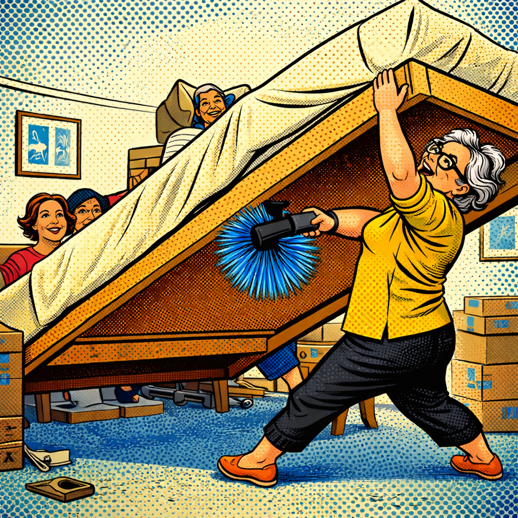 A woman cleaning underneath a bed with a scrubber while three women watch and smile from the side. The room has boxes, framed pictures on the wall, and a blue carpet.