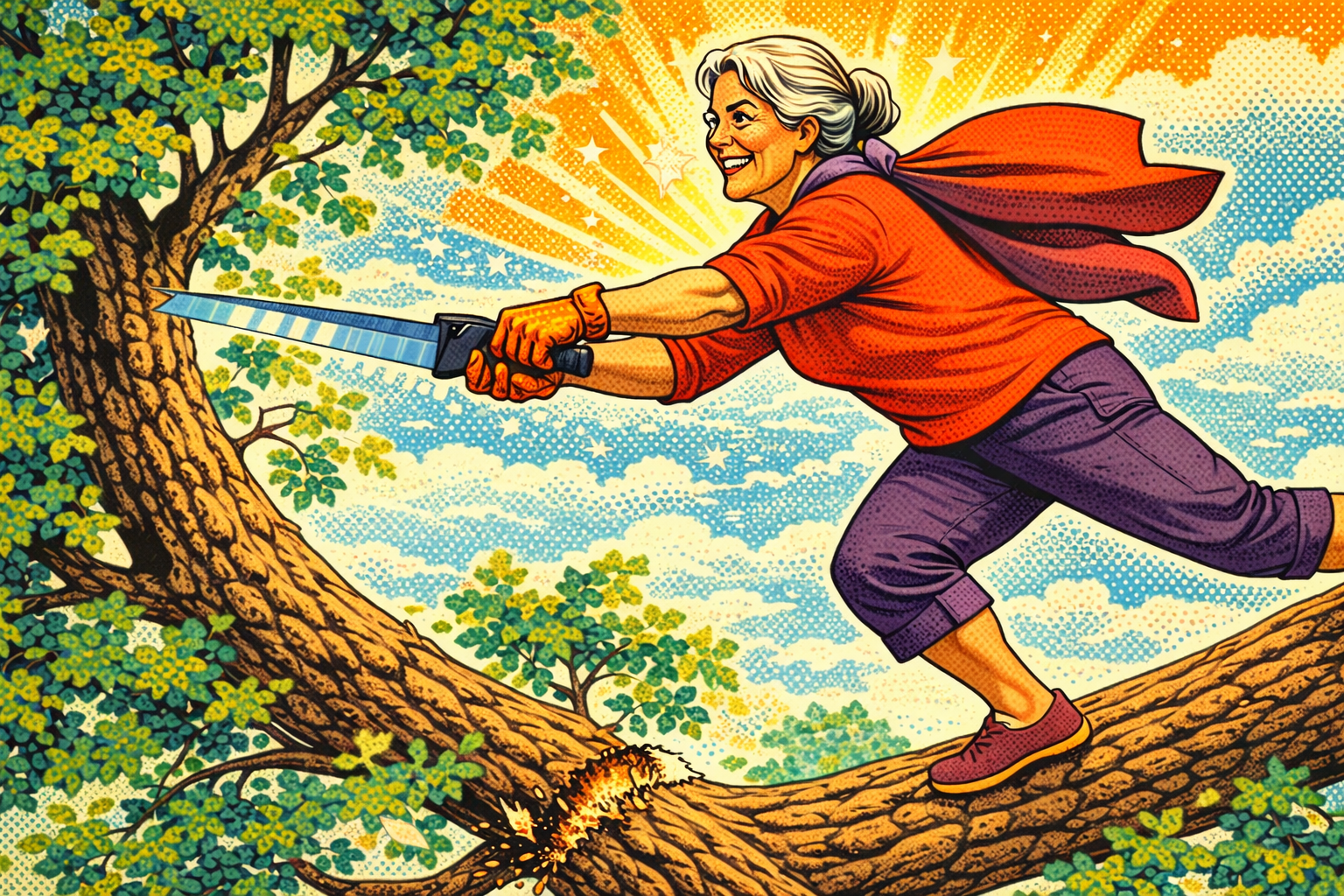 An elderly woman with gray hair, wearing a red long-sleeve shirt, purple pants, and red shoes, is using a saw to cut a large tree branch. She appears happy and excited, with a sunny sky and clouds in the background.