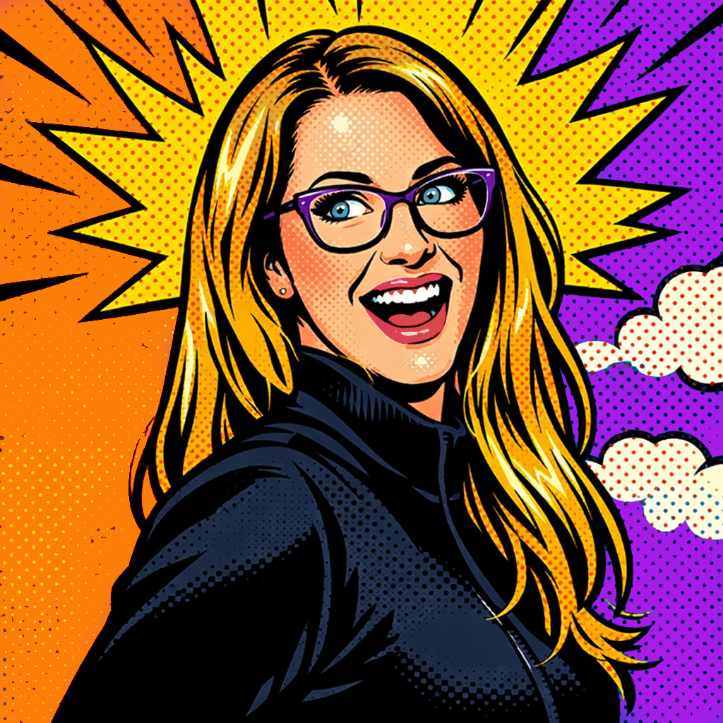 A woman with blonde hair and glasses smiling in a comic pop art style with a colorful background and burst design.
