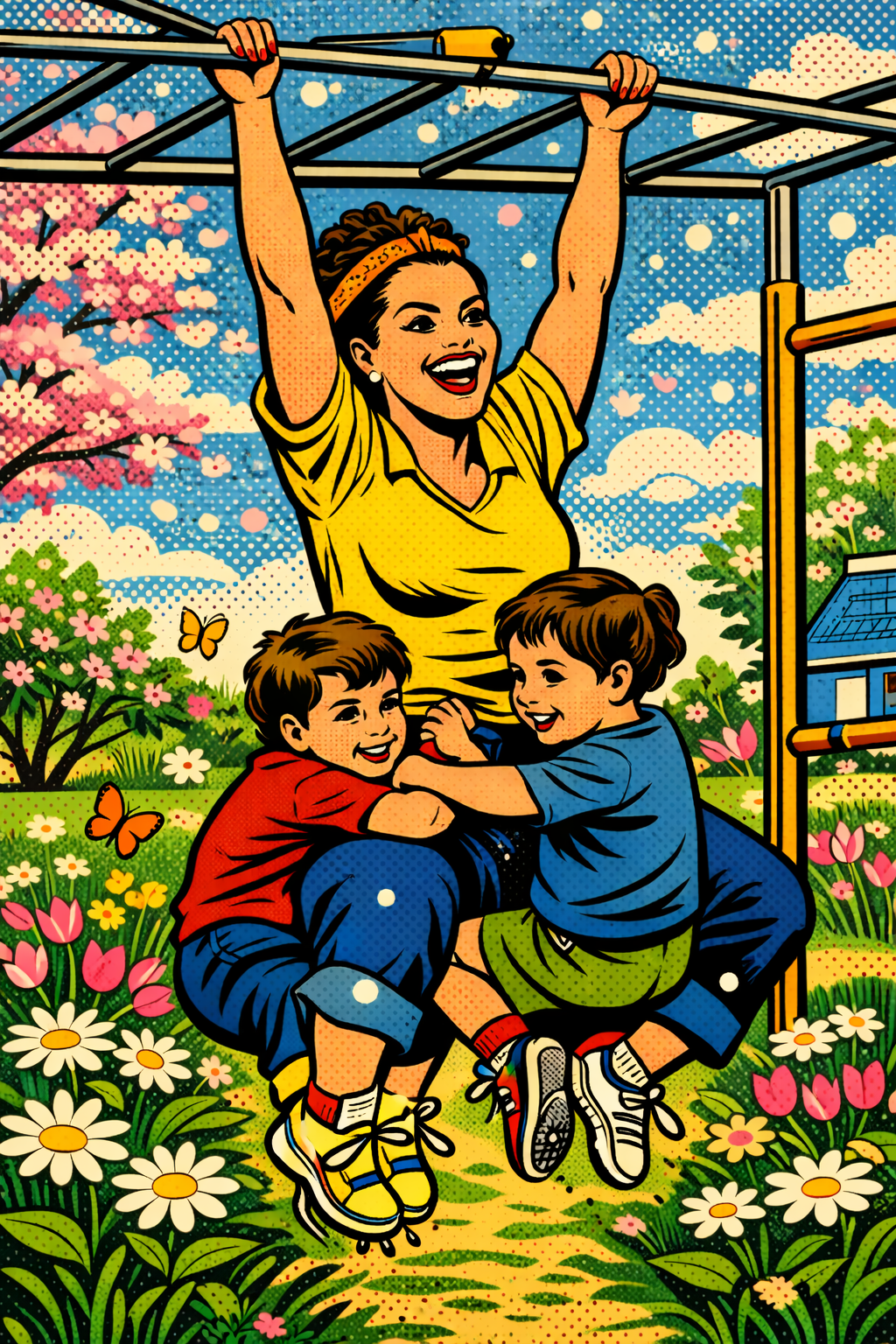 Pop art style illustration of a woman hanging from a jungle gym with two boys playing near her in a colorful garden with flowers and a cherry blossom tree, blue sky, and clouds.
