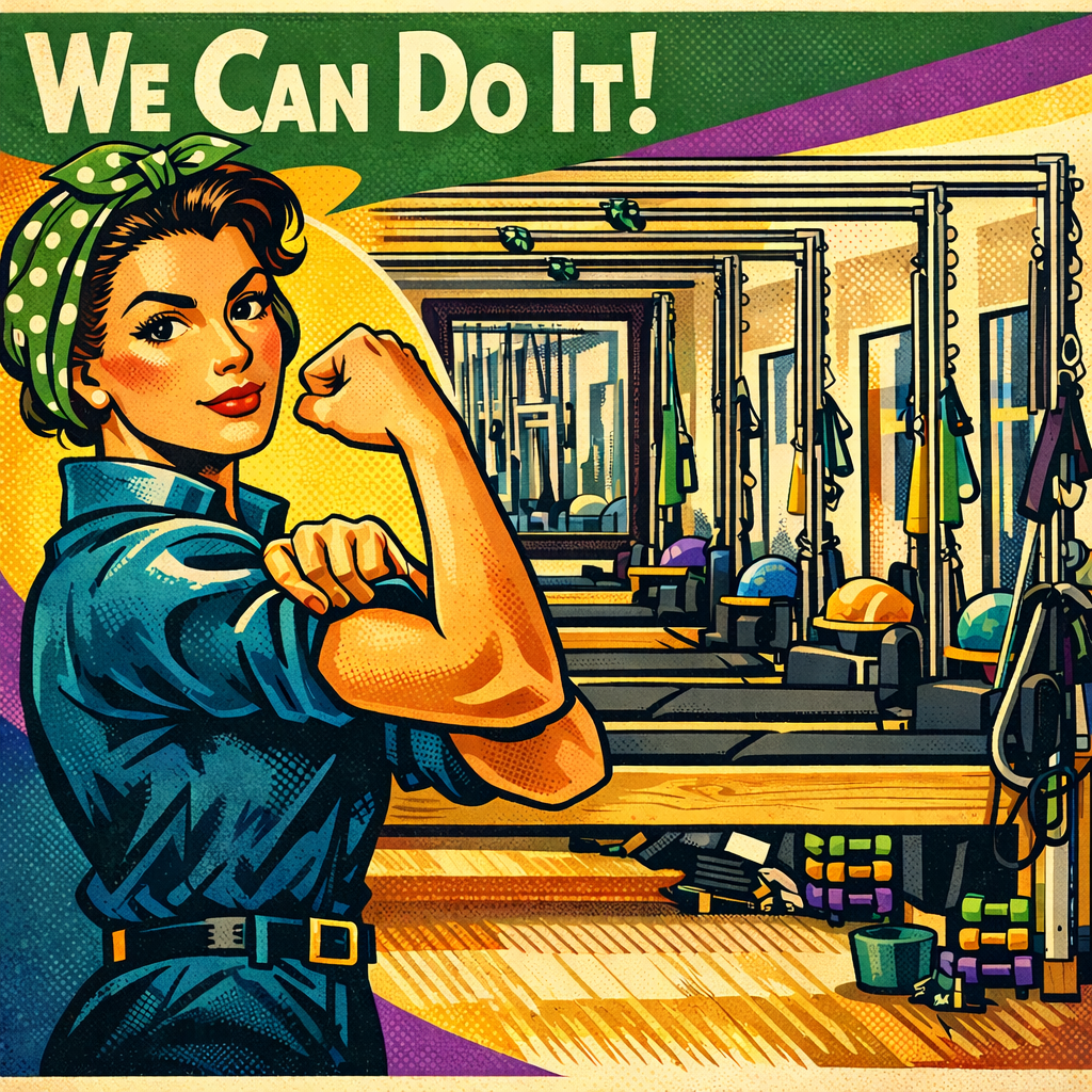 A woman dressed as Rosie the Riveter in a gym with exercise equipment and weights, with the text 'We Can Do It!' above her.