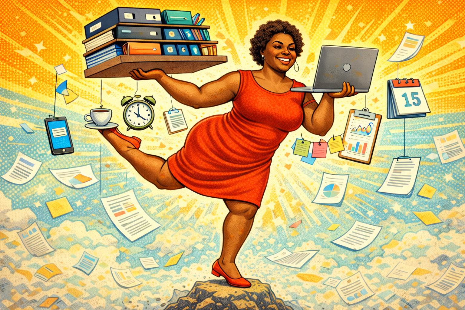 Illustration of a joyful woman in a red dress balancing on one leg on a rock, holding a laptop in one hand and a shelf with files in the other, surrounded by floating office supplies and papers with a bright, radiant background.