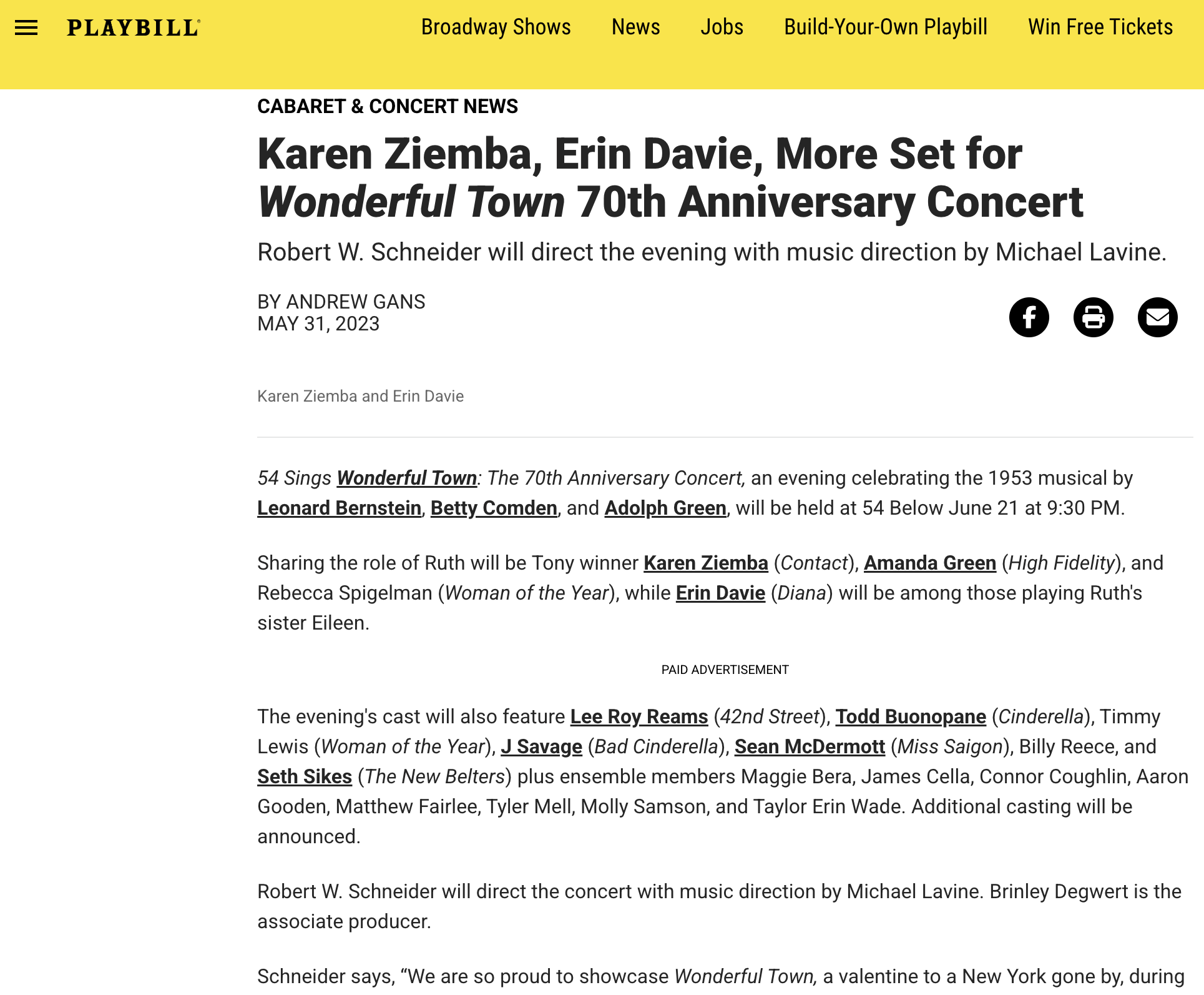 Playbill: Wonderful Town - 70th Anniversary Concert