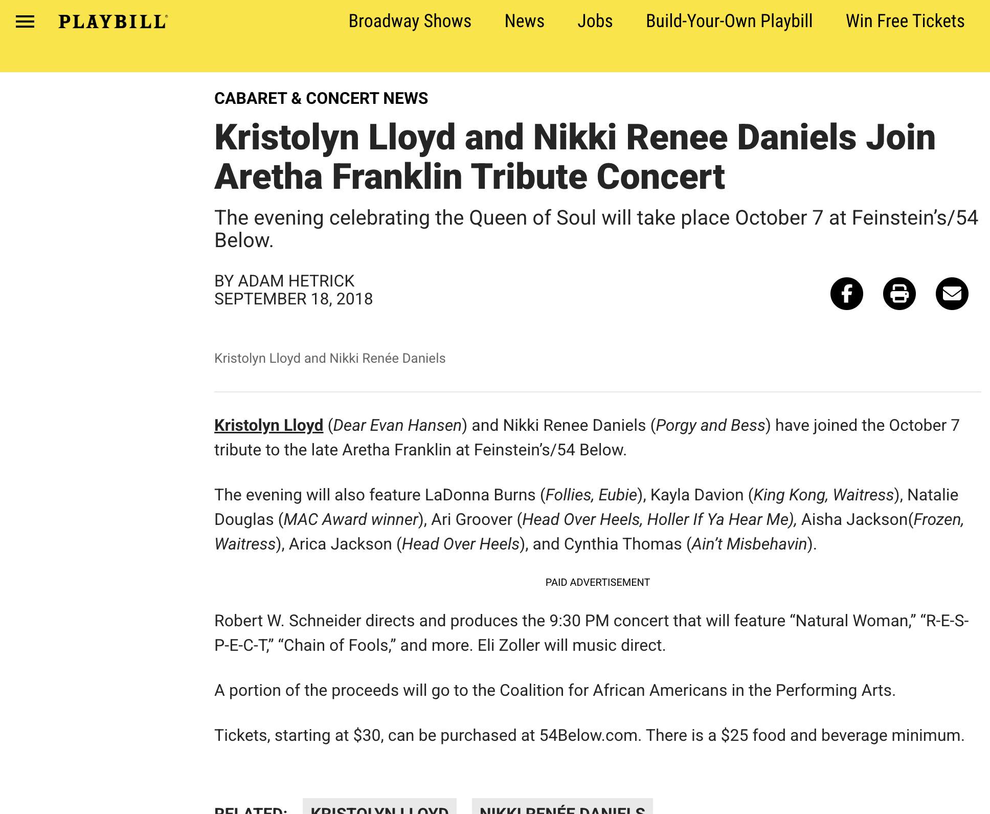 Playbill: Aretha Franklin Tribute Concert