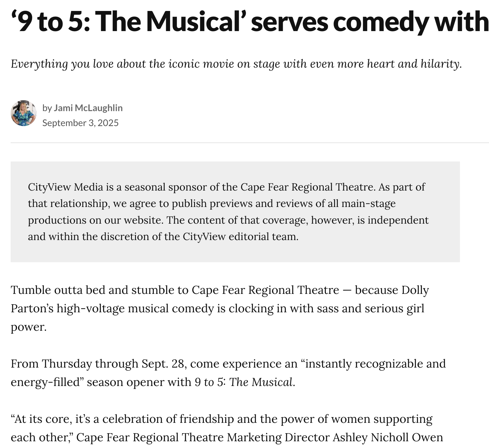 CityView Media: 9 to 5: the Musical at CFRT