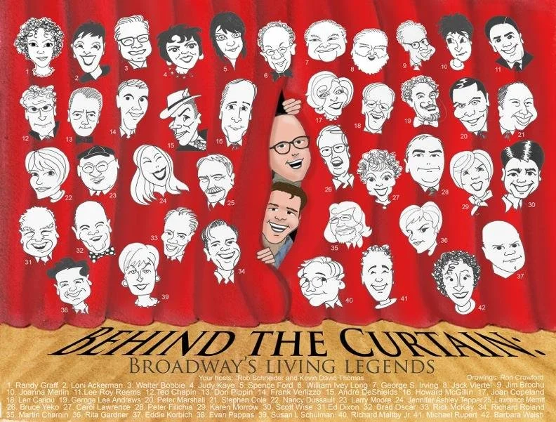 Illustration of numerous diverse Broadway actors behind red theater curtains, with three actors peeking out from behind the curtain, celebrating Broadway's legendary performers.