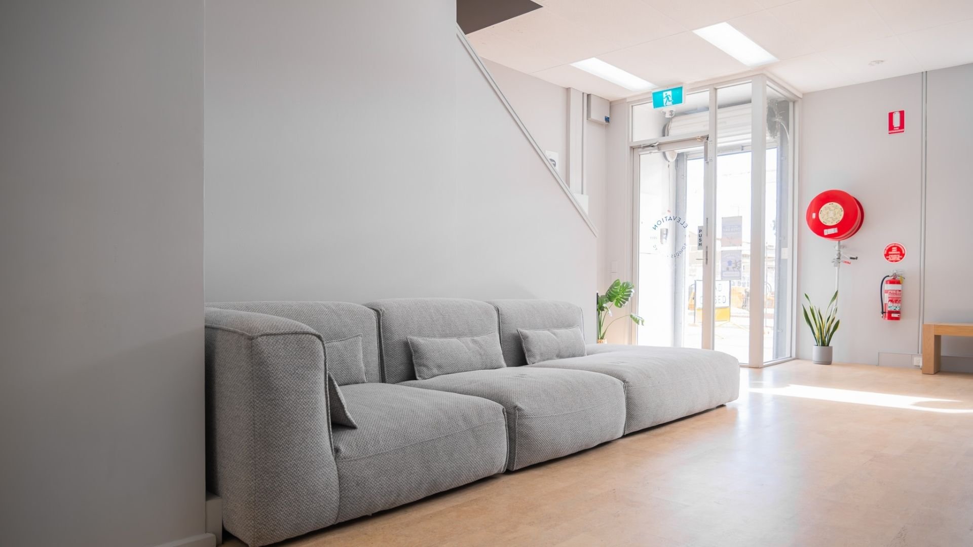 A modern waiting area with a gray sofa, indoor plants, and a glass front door in a well-lit space.
