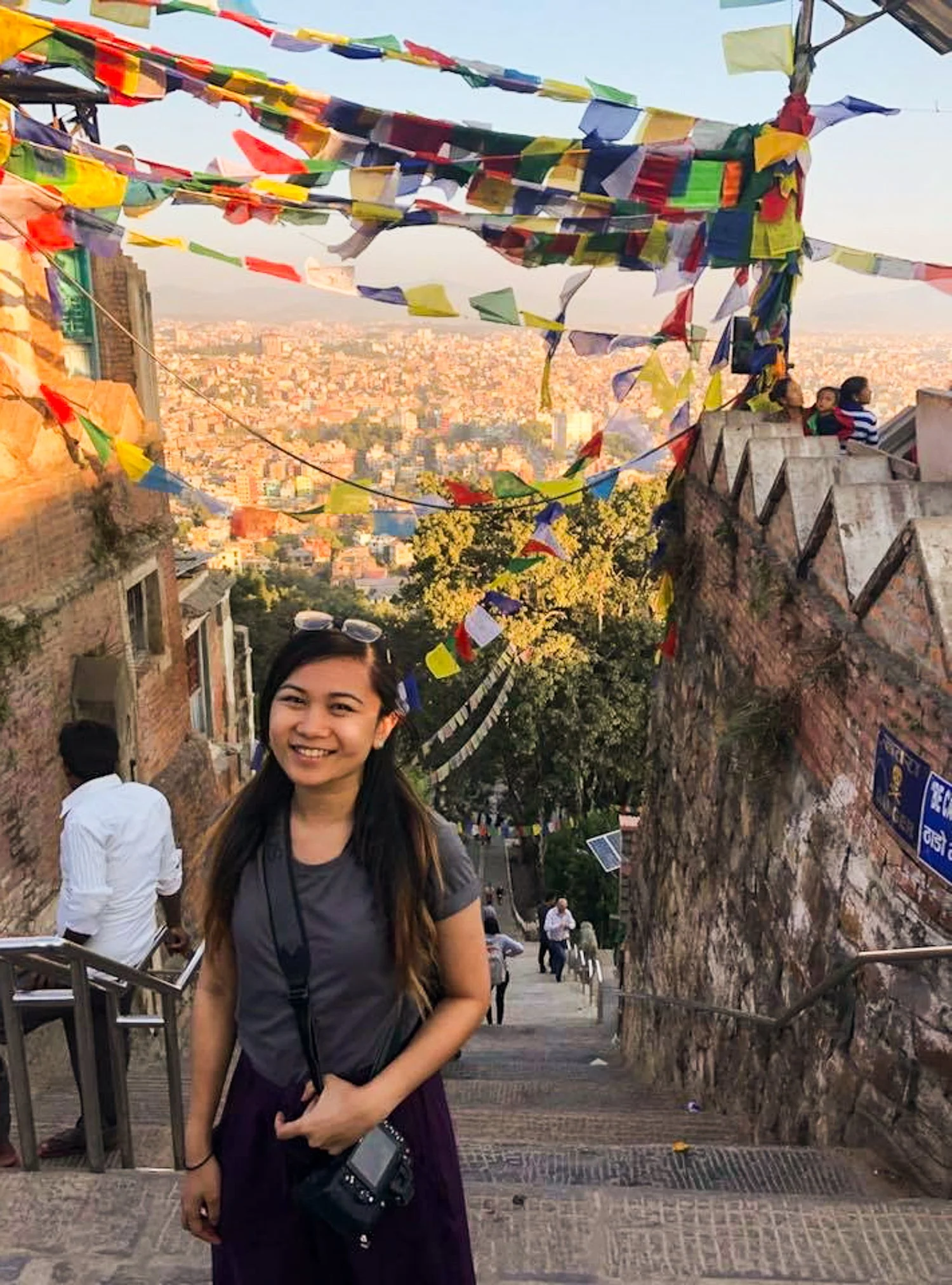 Panoramic Kathmandu city view with colourful prayer flags in Nepal, cinematic travel photography