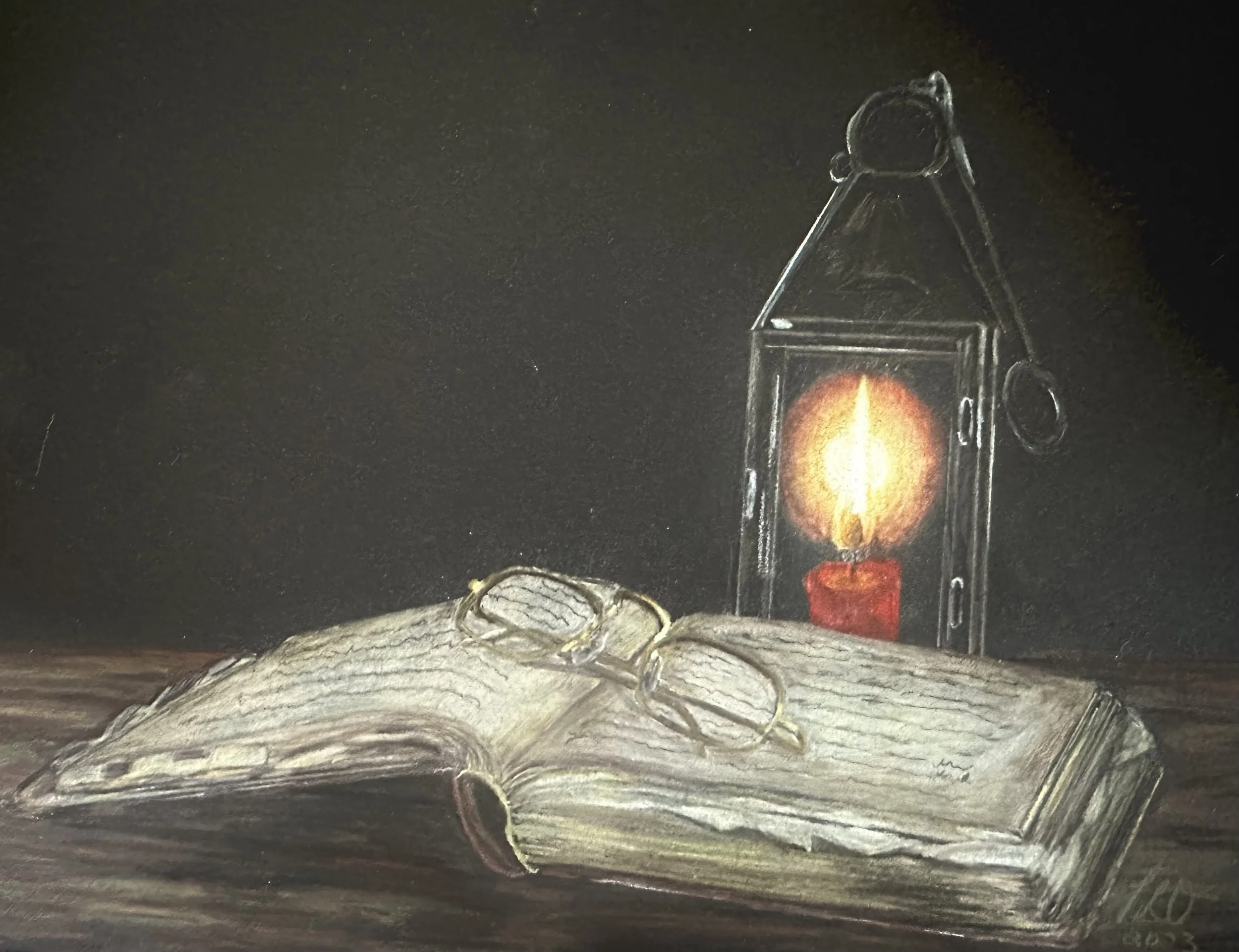 "Reading by Lamplight"  - Colored pencil on paper