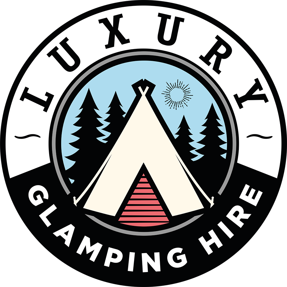 A round logo with a black background, depicting a camping scene with a tent, trees, and a sun, and the words 'LEUPUY CAMPING HIRE' surrounding it.