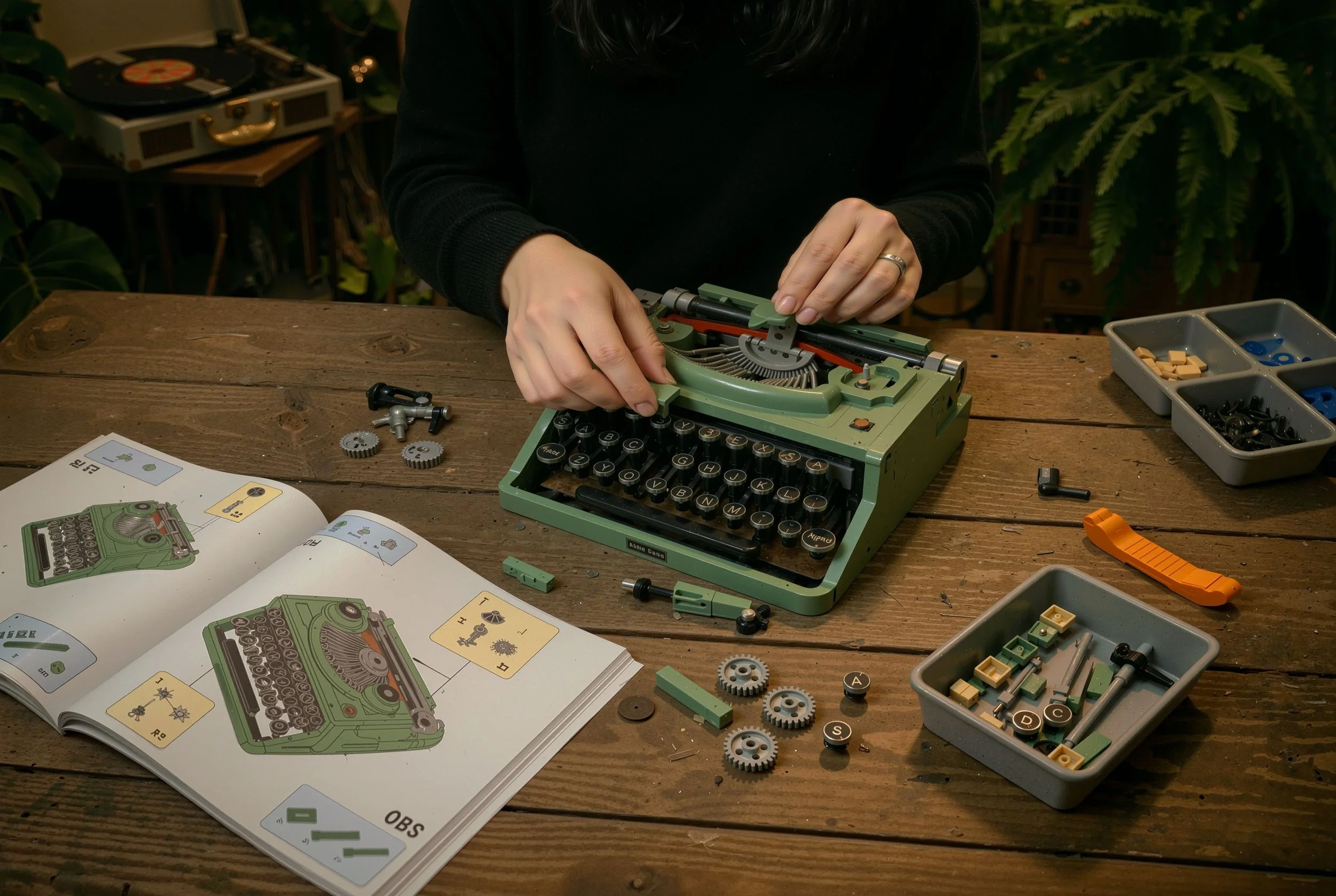 Person assembling a Lego green typewriter at a wooden table, with instruction manual opened, gears, screws, and small parts spread around.