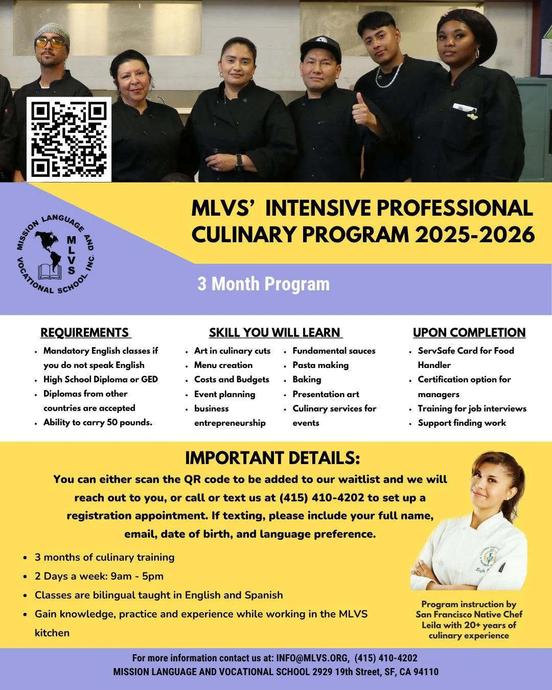 🚨FINAL CALL!🚨
Ready to build a career in the culinary world? 👩&zwj;🍳🍽️
This year's Culinary Program Cohort begins the week of November 17th. Secure your spot now by submitting an application ASAP!

📆 3 Month Program | 2 Days per Week

✅ Bilingu
