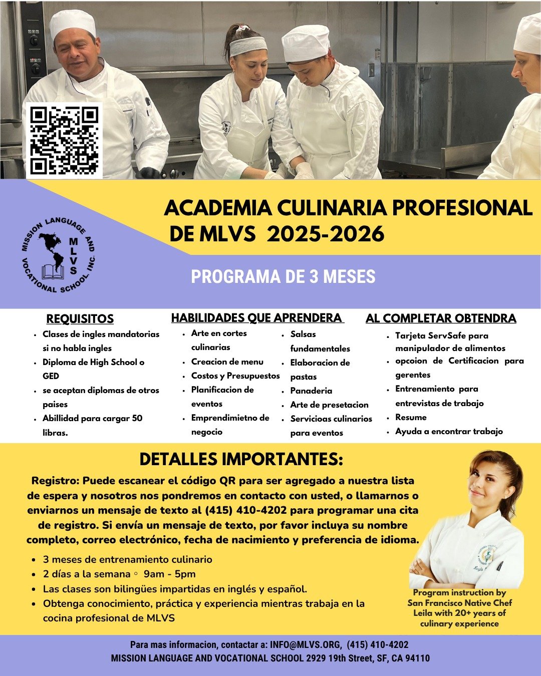 🚨&iexcl;&Uacute;LTIMA OPORTUNIDAD!🚨
&iquest;Listo para construir su carrera en el mundo culinario?👩&zwj;🍳🍽️
El programa culinario de este a&ntilde;o comienza la semana de Noviembre 17. Asegure su lugar ahora enviando su aplicaci&oacute;n lo m&aa