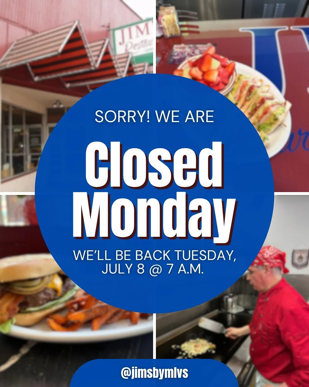 Jim&rsquo;s will be closed on Monday, July 7th for a staff holiday!
We&rsquo;ll be back bright and early on Tuesday, July 8th at 7 AM ready to serve all your favorites. 🥞☕
Thank you for your support and see you soon!

#JimsByMLVS #MissionDistrict #B