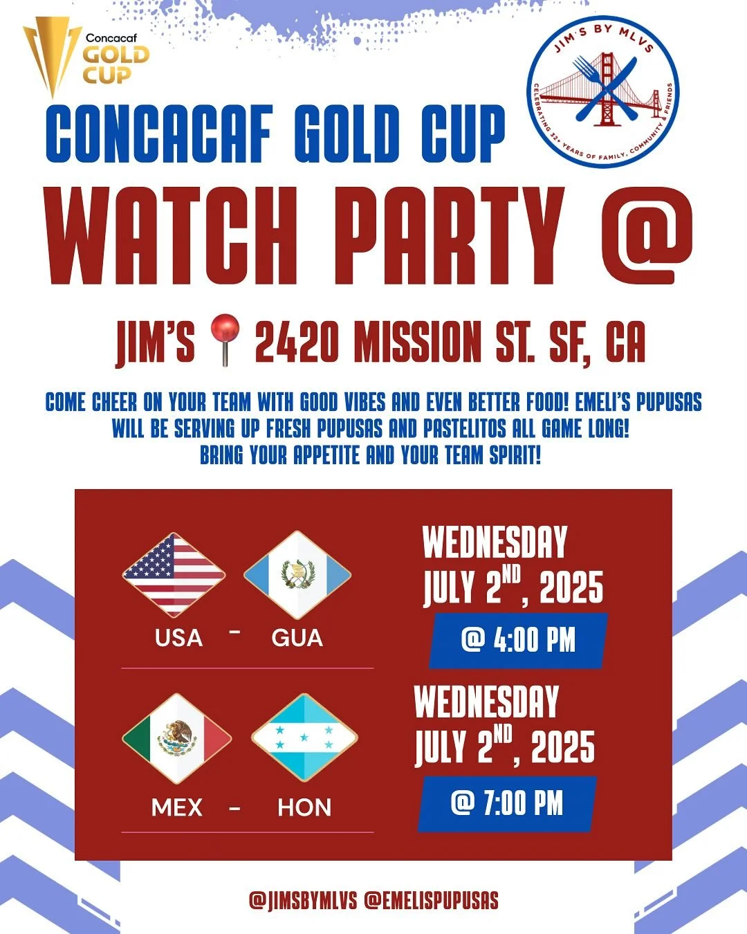 ⚽️🎉 It&rsquo;s game time at Jim&rsquo;s! / &iexcl;Hora del partido en Jim&rsquo;s!
Join us TOMORROW (July 2nd) for our Concacaf Gold Cup Watch Party at 2420 Mission St! 🇺🇸 vs 🇬🇹 at 4PM &amp; 🇲🇽 vs 🇭🇳 at 7PM!⁠
⁠
We&rsquo;ve got the vibes, the