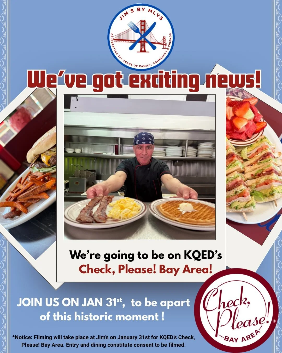 We&rsquo;ve got exciting news! 🎉
Jim&rsquo;s by MLVS is going to be featured on @kqed  Check, Please! Bay Area 🎥
Join us Saturday, Jan 31st and be part of this historic moment!
☕️ FREE coffee with purchase when you dine in between 9am&ndash;2pm
Fil