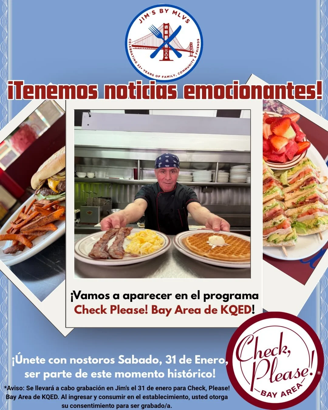 &iexcl;Tenemos noticias emocionantes! 🎉
Jim&rsquo;s by MLVS va a aparecer en Check, Please! Bay Area de @kqed 🎥
Acomp&aacute;&ntilde;anos s&aacute;bado, 31 de enero y s&eacute; parte de este momento hist&oacute;rico.
☕️ Caf&eacute; GRATIS con compr