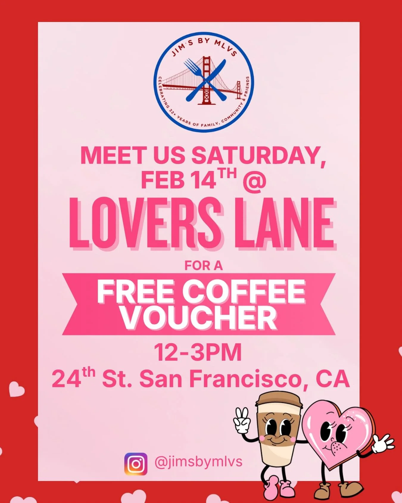 Love is in the air&hellip; and so is the coffee ☕💘
Find us Saturday, February 14th at Lovers Lane for a FREE coffee voucher on us! @loverslanesf @calle24_sf 
📍 24th St., San Francisco, California
Come say hi, grab your voucher, and spread the love 