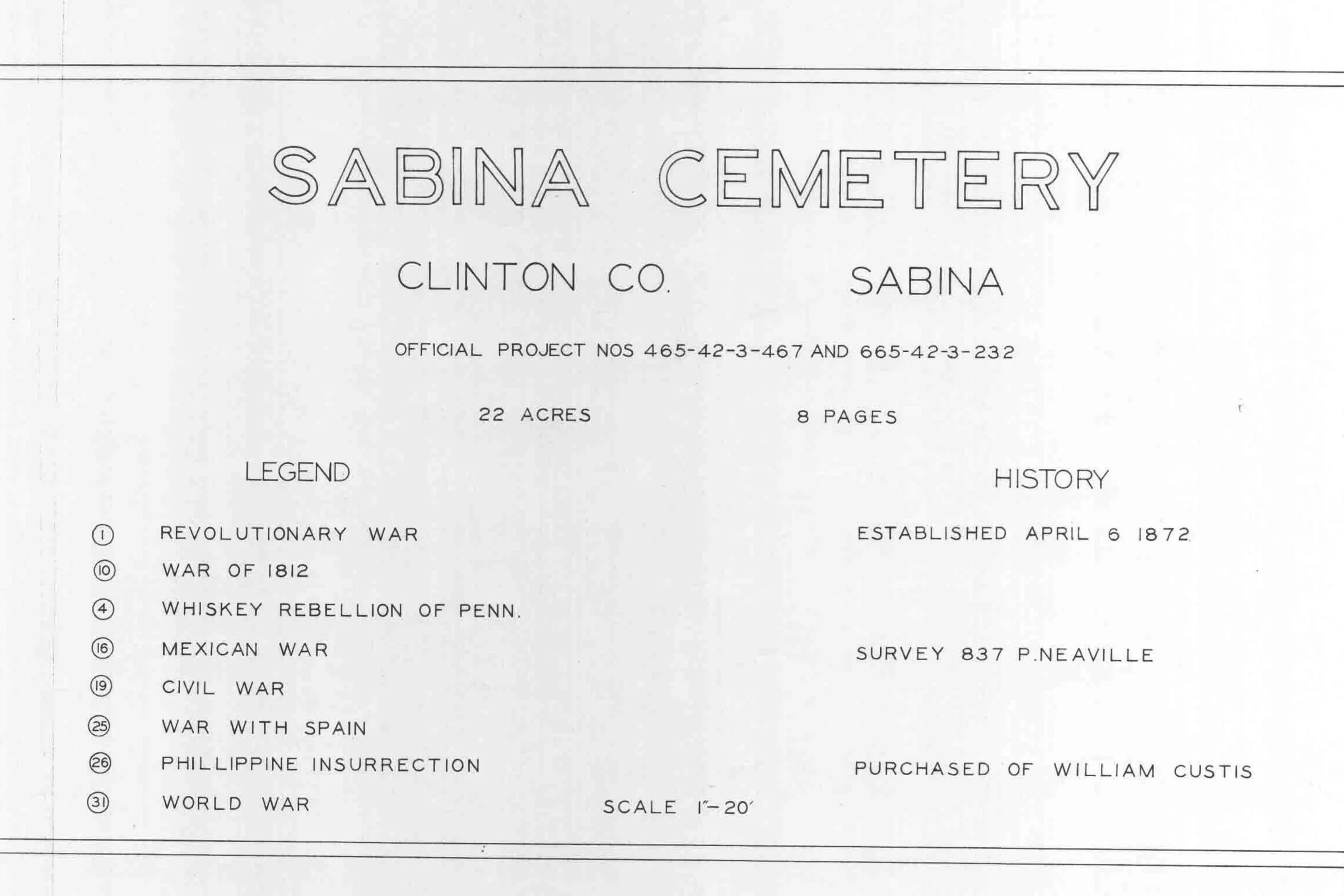 Title page of the 1938–1940 WPA Veterans’ Graves Registration plat for Sabina Cemetery, Clinton County, Ohio, with the project numbers, a legend of circled war codes, and a history box.