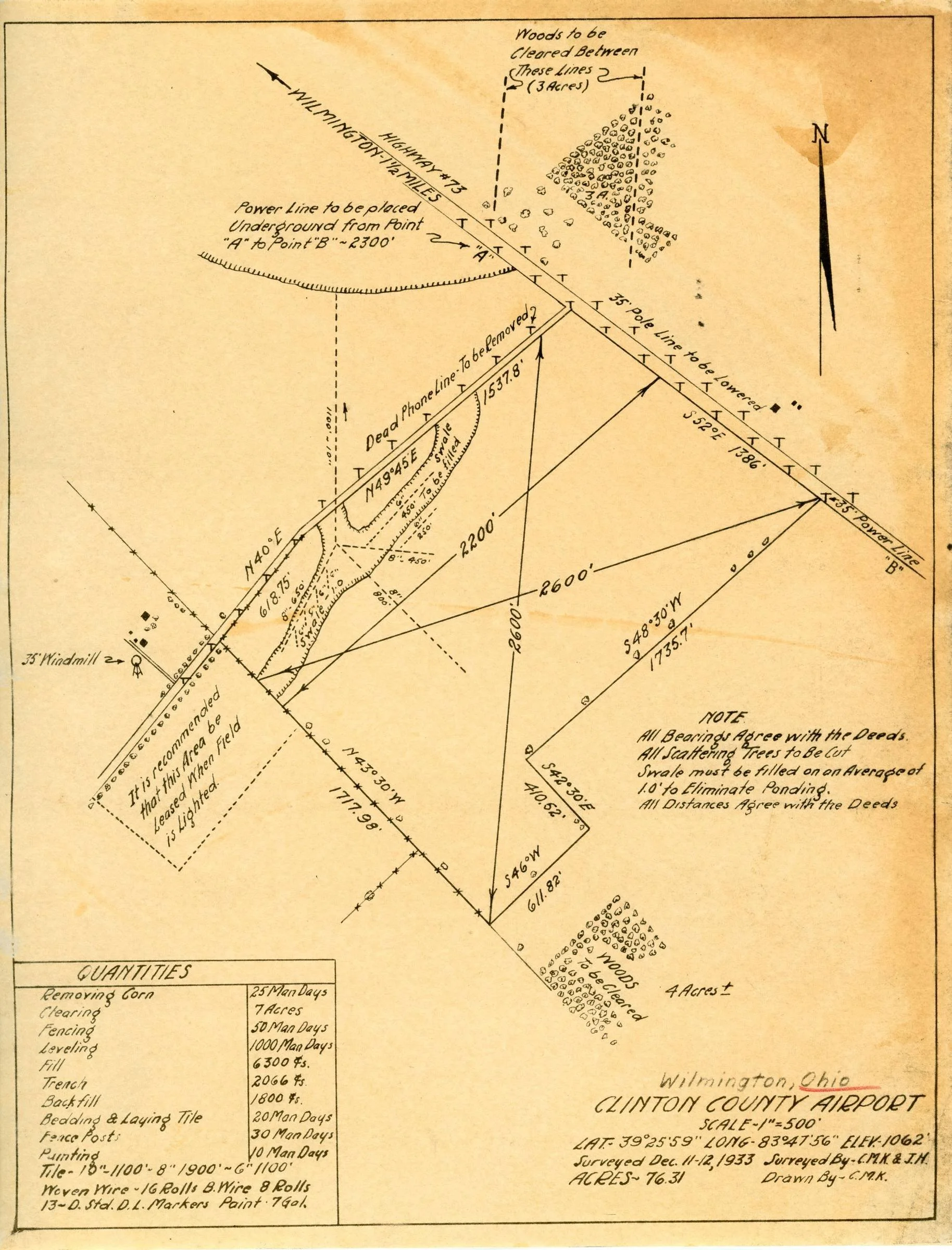 1933 Clinton County Airport survey blueprint of infirmary farmland, with trees marked to be cut.