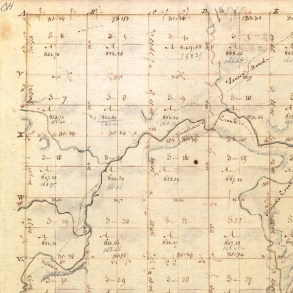 Historical hand-drawn map of Township N XV, Range N XIV, showing divisions, coordinates, and water features, with grid lines and handwritten notes.