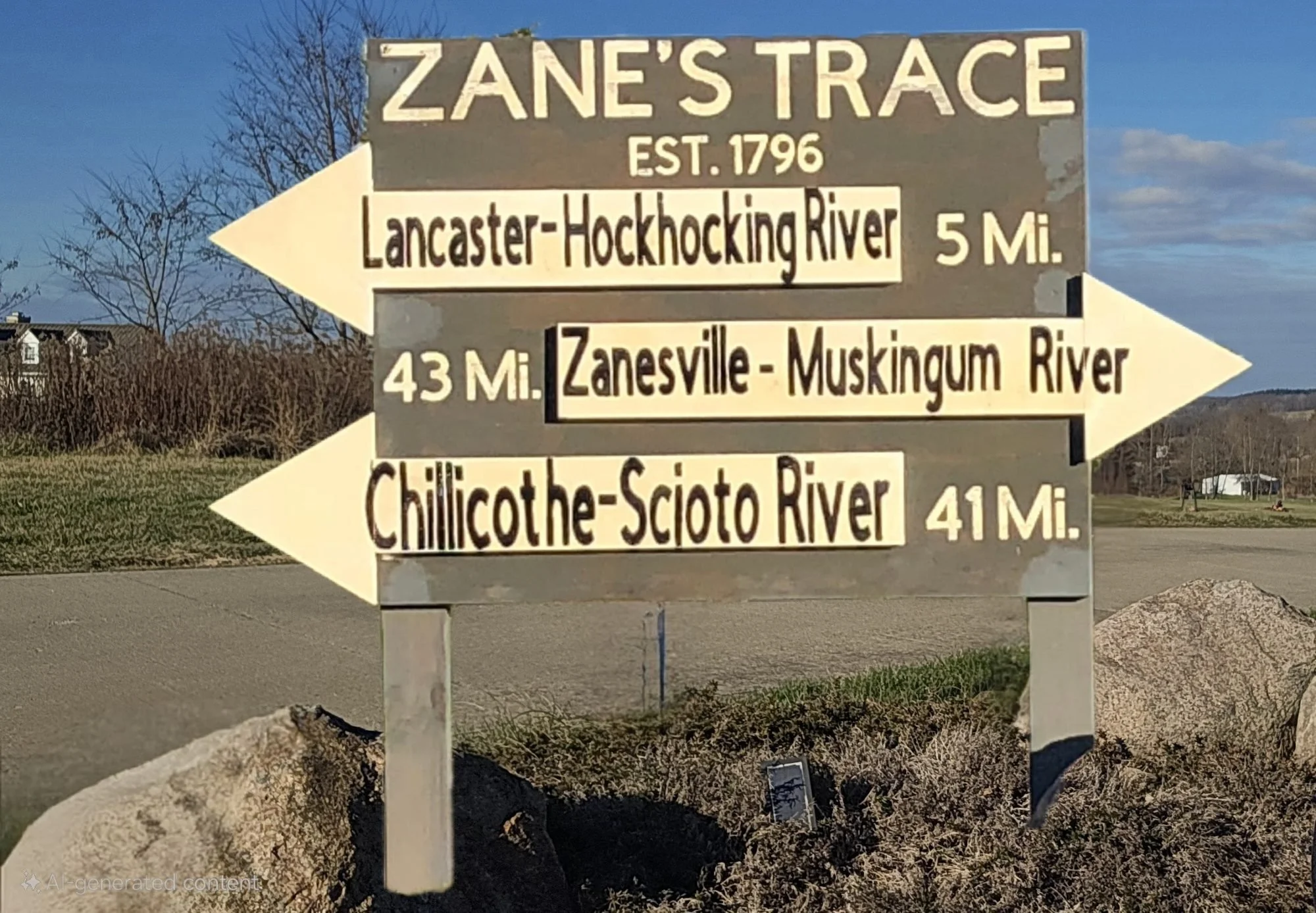 A signpost showing directions and distances to three rivers in Pennsylvania: Lancaster-Hockhocking River 5 miles, Zanesville-Muskingum River 43 miles, and Chillicothe-Scioto River 41 miles.