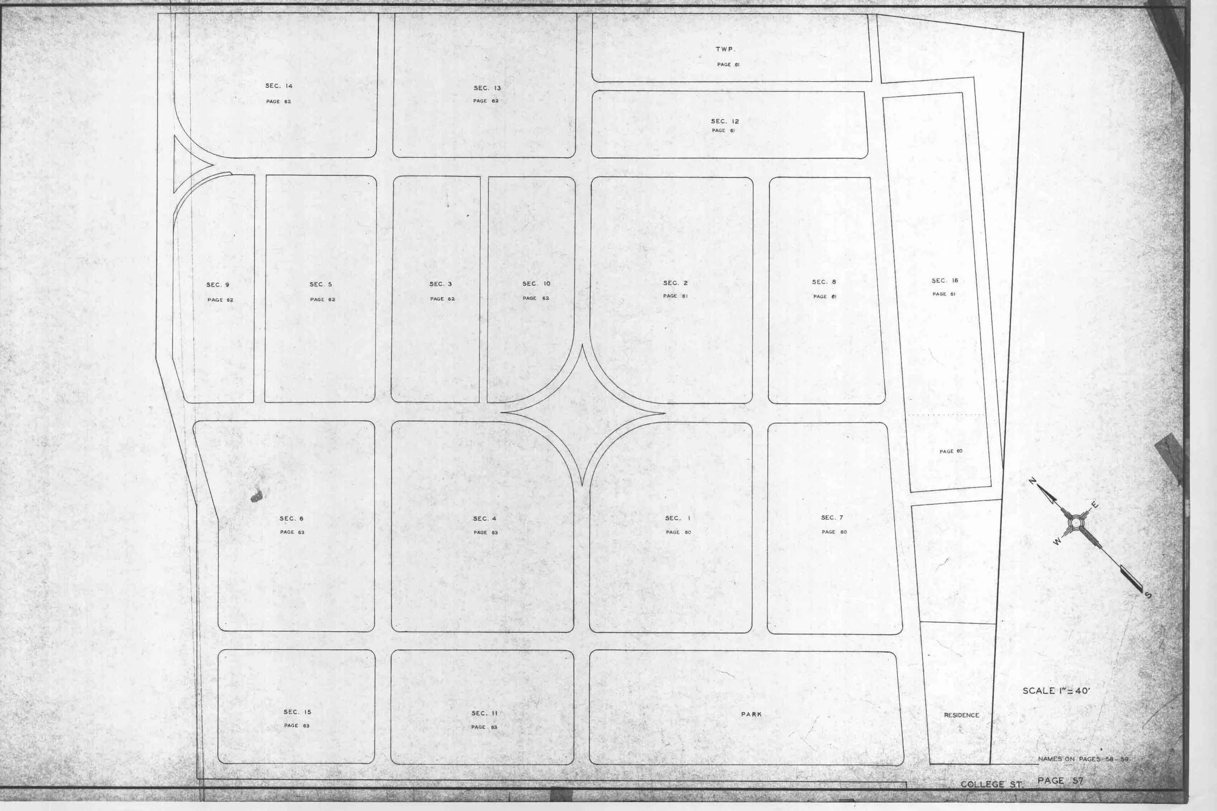 WPA plat drawing of Sabina Cemetery’s grounds, divided into numbered sections that each name the page listing their burials, with a north arrow angled toward the upper left and College Street along the bottom edge.