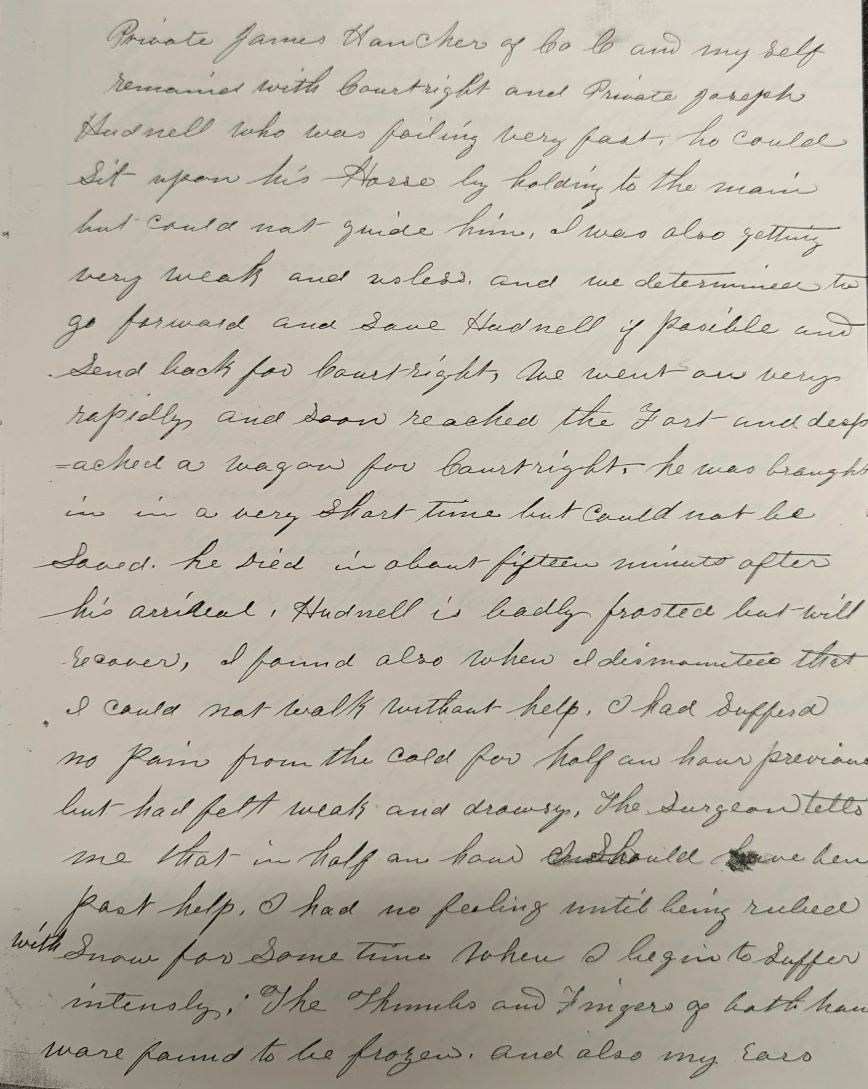Handwritten letter discussing a soldier's injury, treatment, and the effects of cold, with mentions of pain, frostbite, and the inability to feel her toes.
