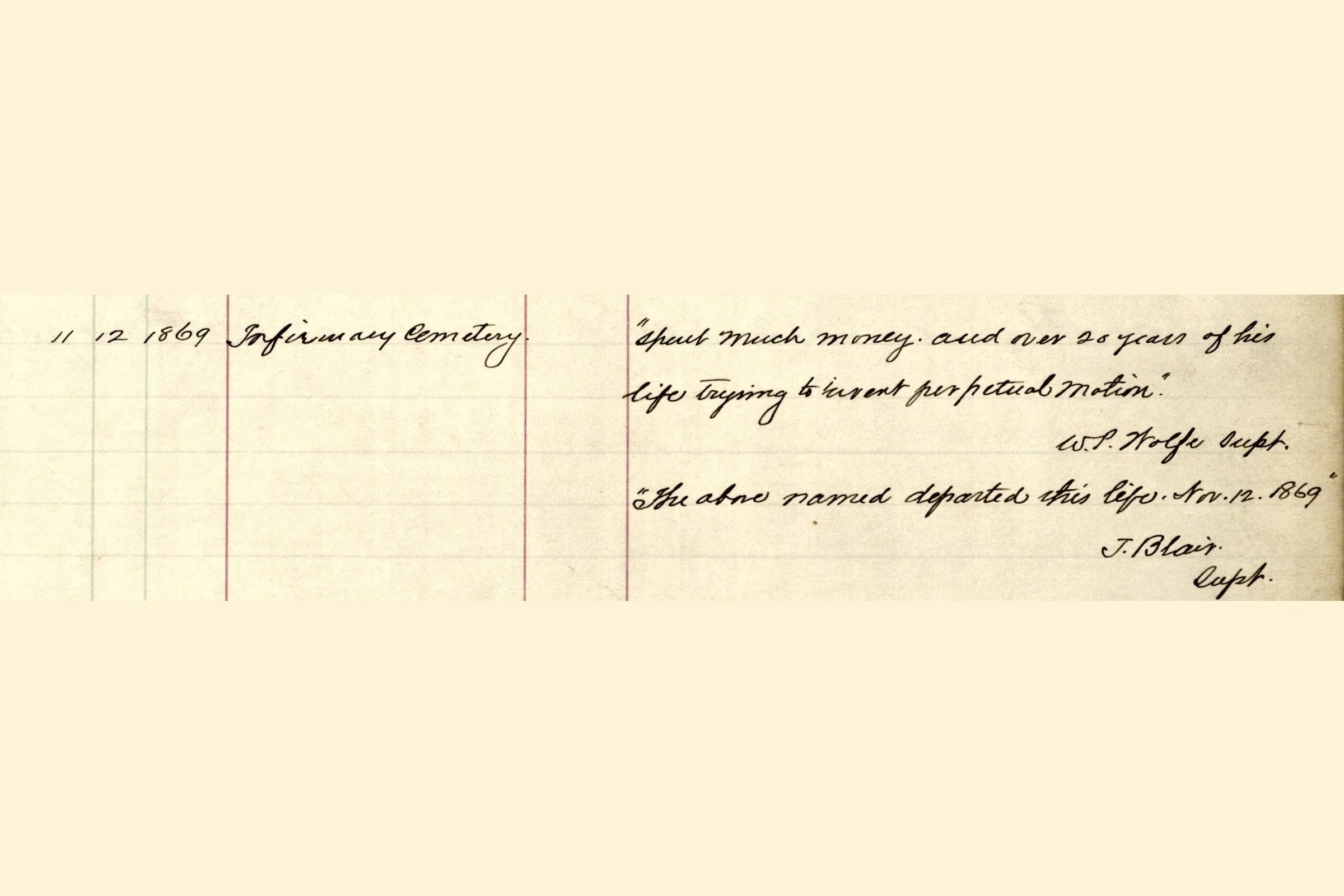 Handwritten register entry: “Spent much money. and over 20 years of his life trying to invent perpetual motion,” over the name W. P. Wolfe, Supt., with a second note recording his death on November 12, 1869.