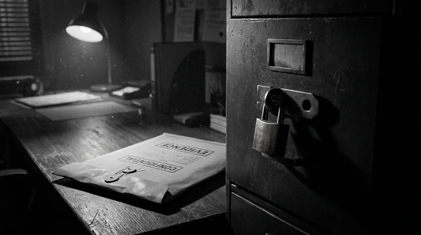 A dark office scene with a desk, files, and a cabinet secured with a padlock in a black and white photograph.