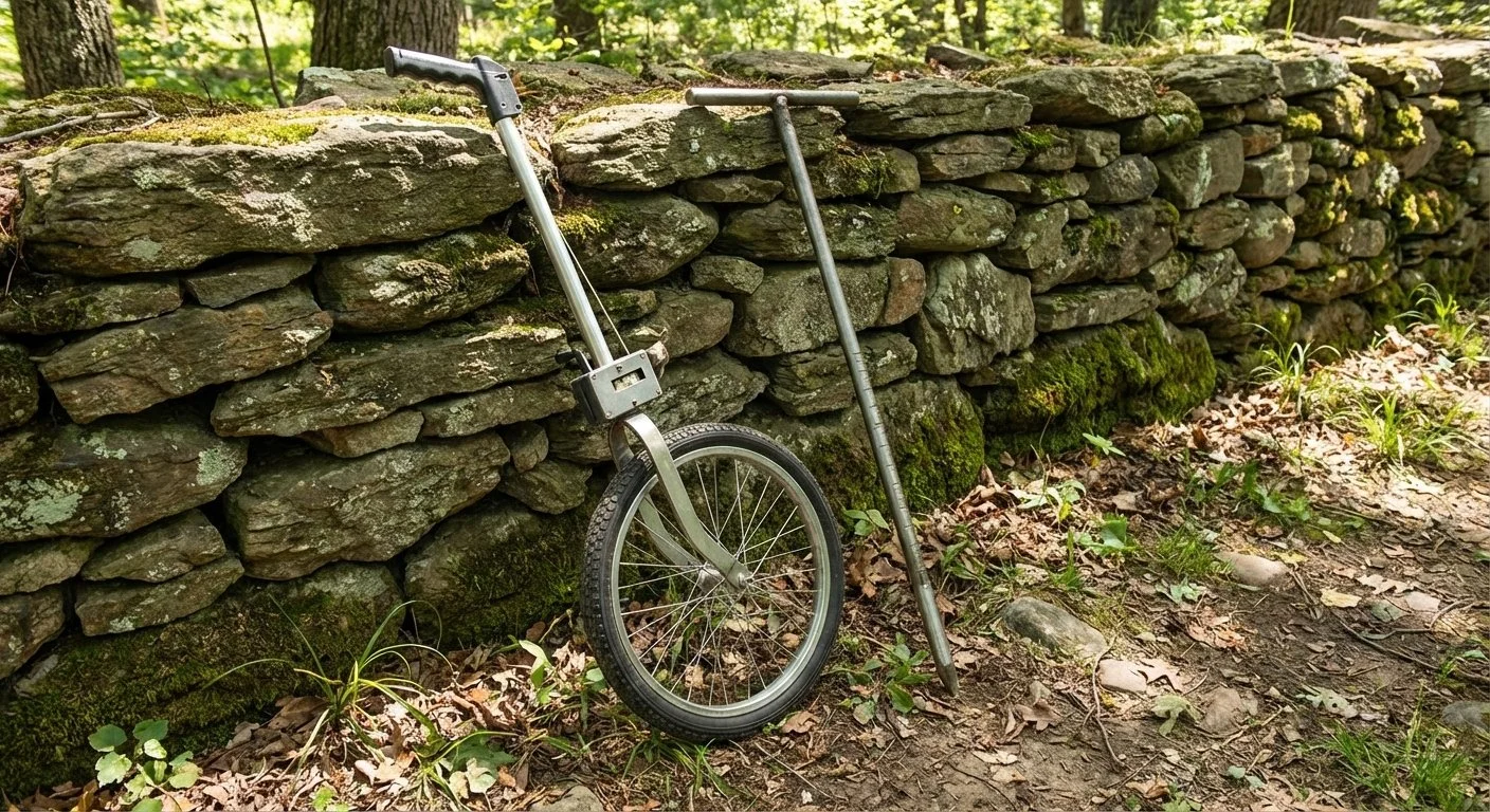 A unicycle leaning against a moss-covered stone wall in a wooded area.