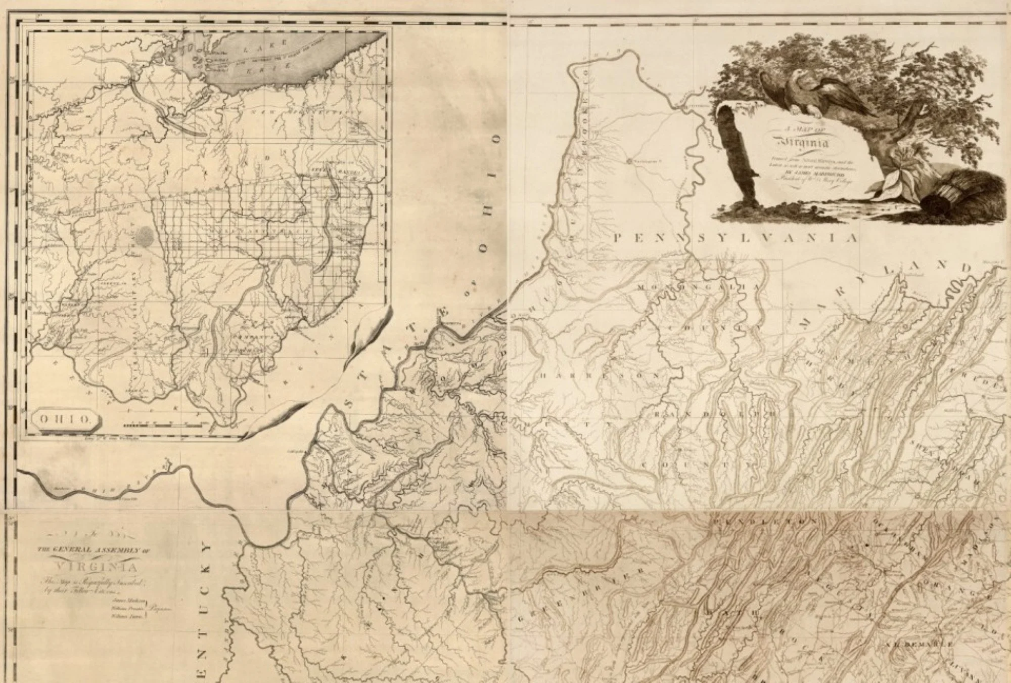 Historical map showing Ohio, Virginia, Pennsylvania, and Kentucky with detailed rivers, counties, and topography, labeled in black and white.