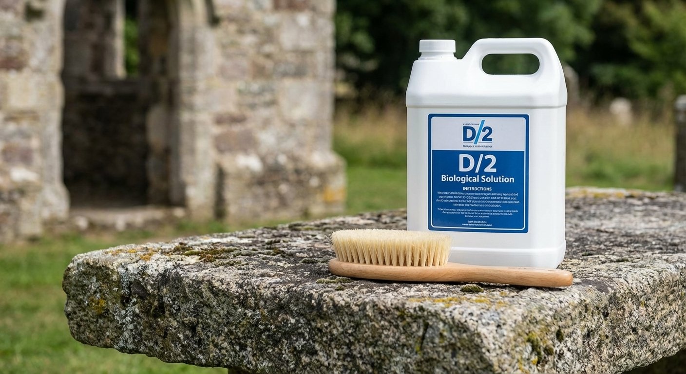 A bottle of D/2 Biological Solution and a cleaning brush on a mossy stone surface outdoors.