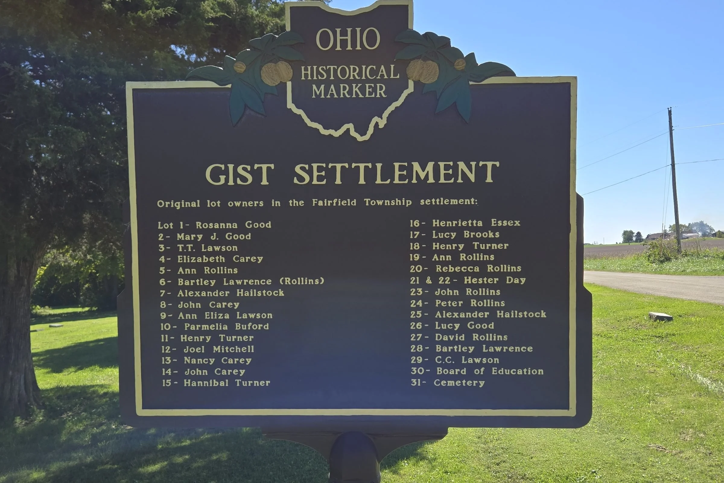 The second side of Ohio Historical Marker 5-36 on Gist Settlement Road, Highland County, Ohio, listing the settlement's thirty-one original lots, with Lot 31 marked as the cemetery.