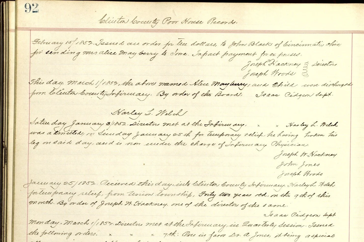 Top of a handwritten page numbered 92, headed Clinton County Poor House Records, with 1852 entries naming Alice Mayberry and Harley L. Welch, from the Clinton County Infirmary inmate register at the Clinton County Records & Archives.