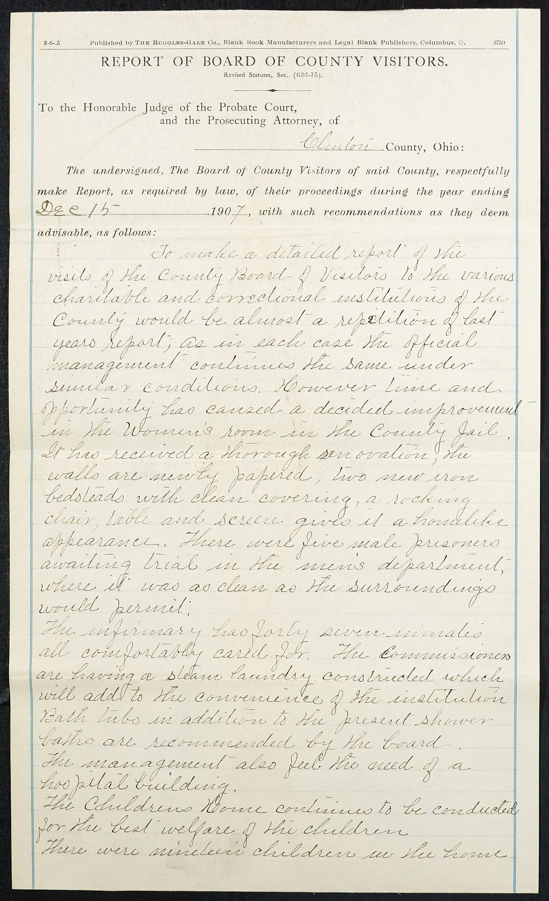 The printed first page of a Board of County Visitors annual report, filed with the Clinton County Probate Court in December 1907 and completed in handwriting.