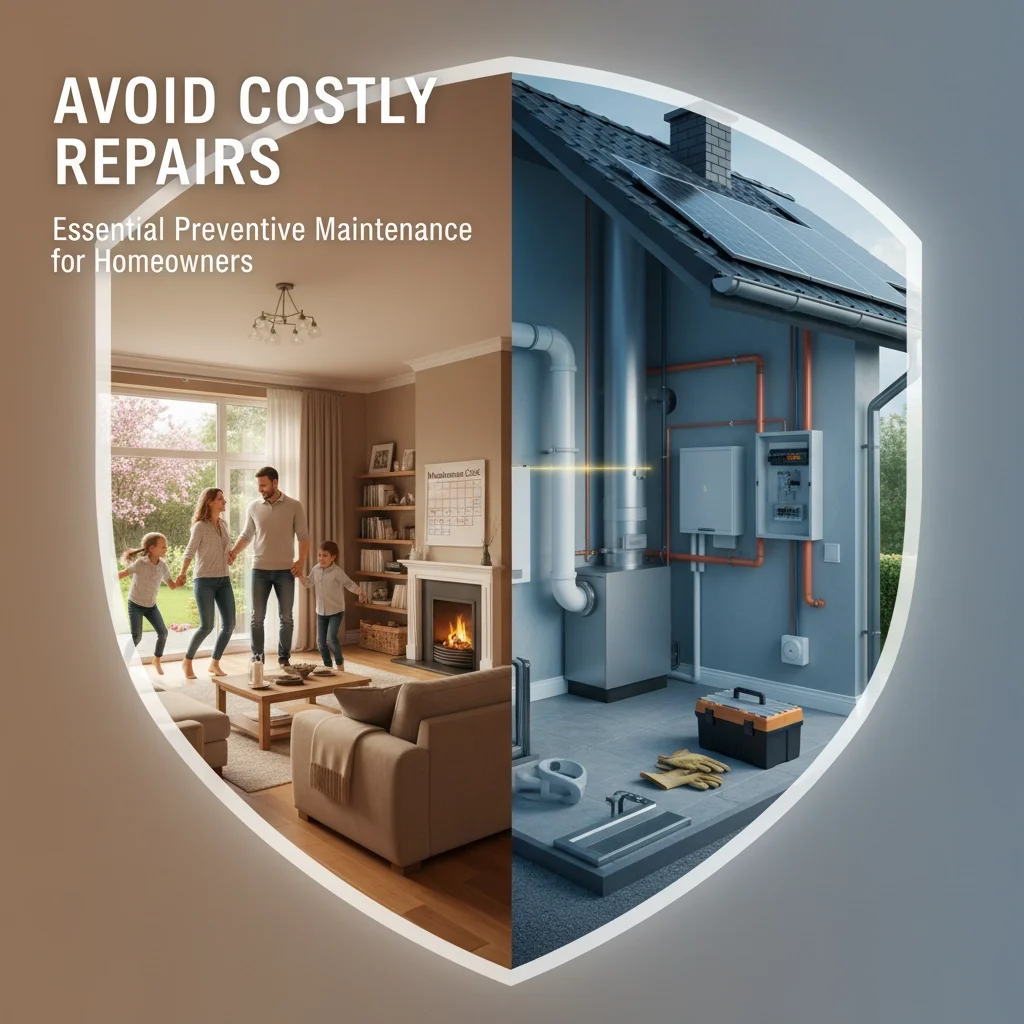 Split-screen image showing a cozy family living room with a fireplace on the left and a utility room with solar panels and electrical equipment on the right, emphasizing preventative maintenance for homeowners.