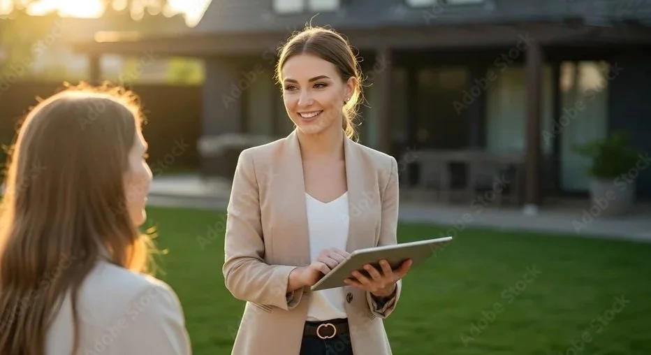 Two women engaging in a conversation outdoors near a modern building, one holding a tablet and smiling.