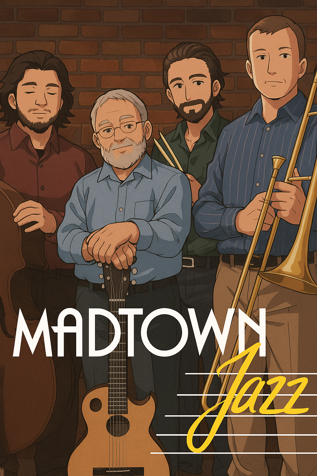 An illustrated group of five male jazz musicians holding instruments, standing in front of a brick wall, with the text 'Madtown Jazz' at the bottom.
