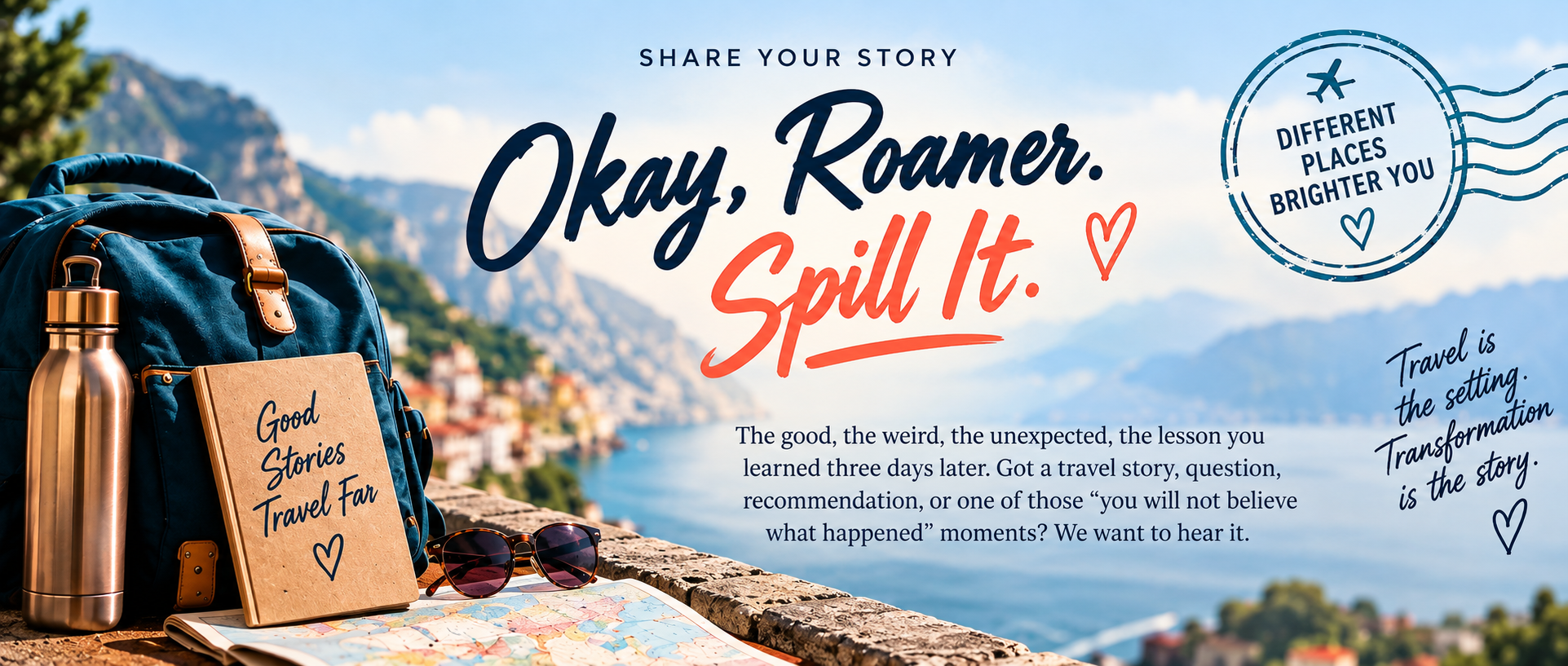 “Travel backpack, journal, map and sunglasses overlooking a coastal destination for Quietly Roaming Solo’s traveler story submission page.”
