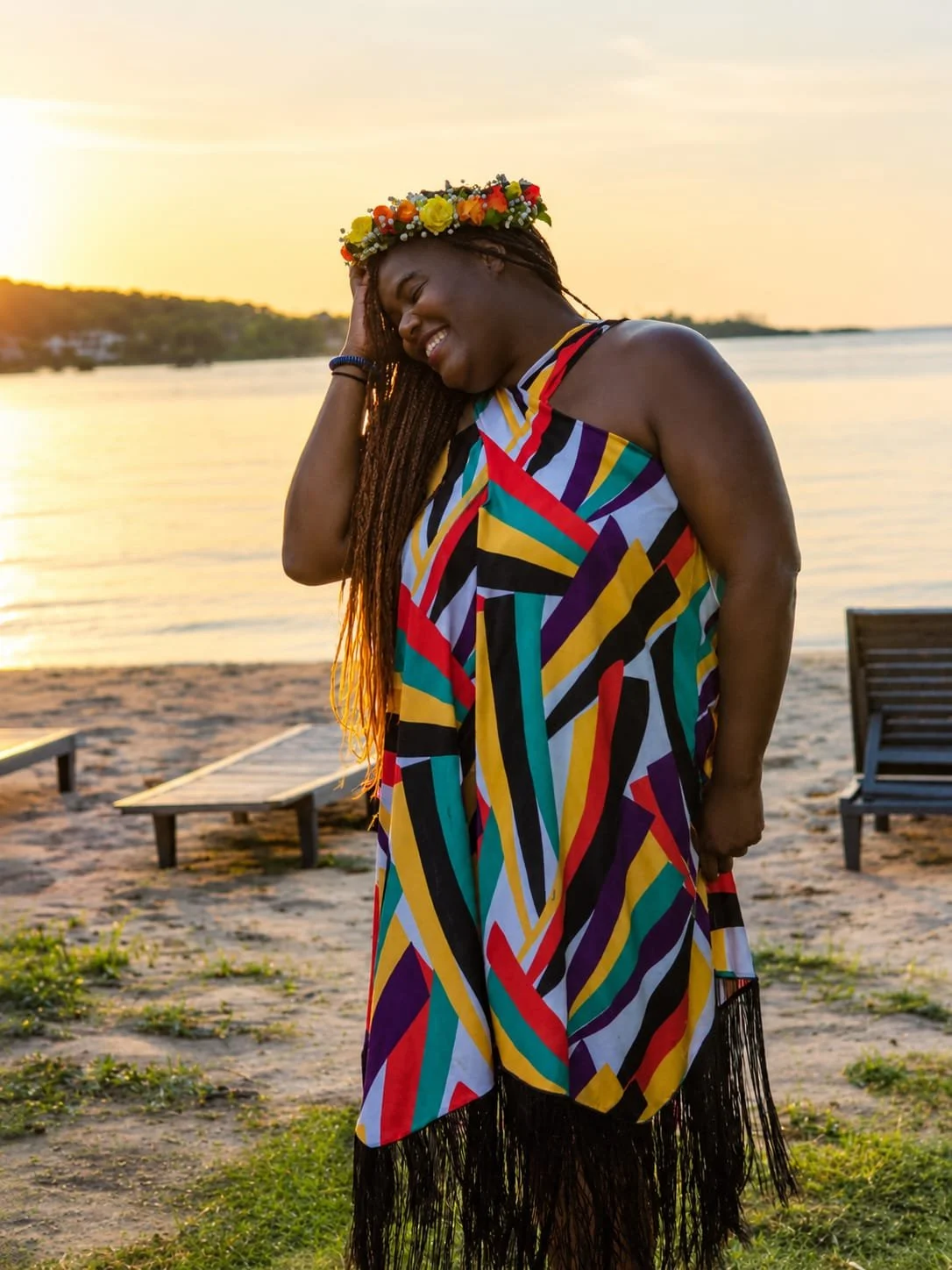 QRS host Mia Treana smiling on a beach at sunset during her travels.